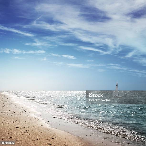 Sunny Summer Sea Landcsape With Sailer Stock Photo - Download Image Now - Beach, Cloud - Sky, Color Image