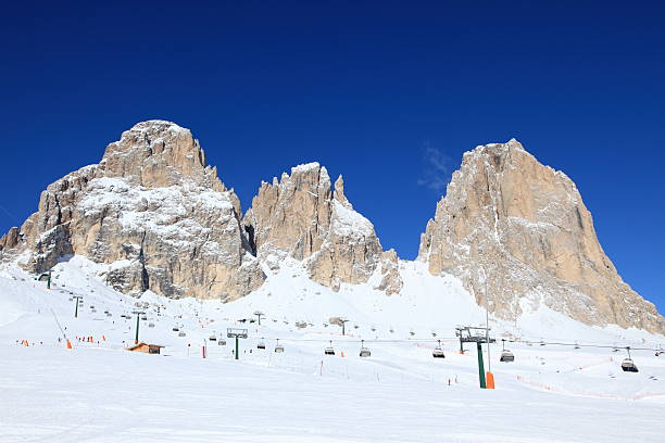 The Col Rodella Ski arena, Dolomites and above it from left Sasso Piatto (Plattkofel) 2.956 metres and Sassolungo (Langkofel) 3.181 metres close to Canazei.