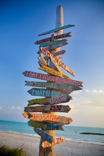 Direction signpost on the Long Bay Beach, on the southeast side of Providenciales in the Turks and Caicos Islands.