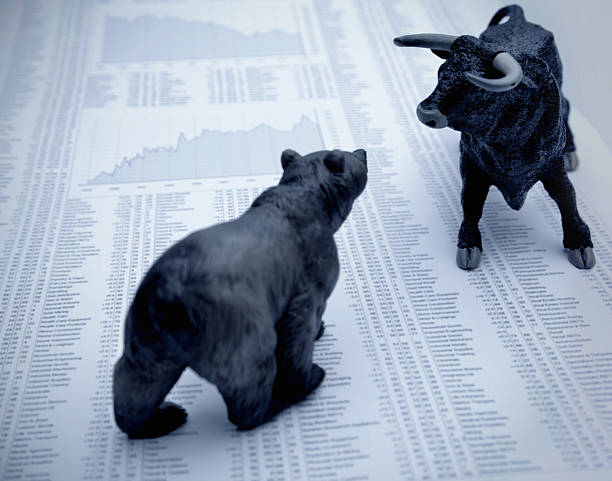 stock market report mit stier und bär - geld verdienen fotos stock-fotos und bilder