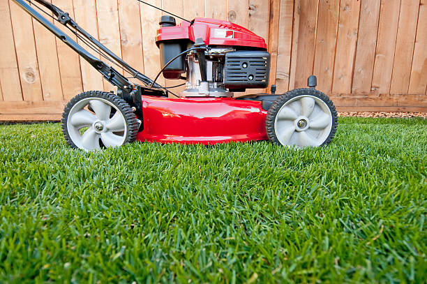 鮮やかなレッドの芝刈り機ビジネスに理想的 - cut grass ストックフォトと画像