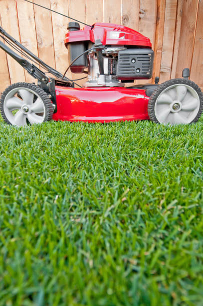 istock Bright red lawn mower ready for business 157562037