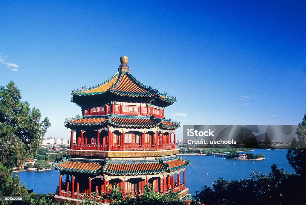 Summer Palace and Beijing Skyline overlooking a lake Traditional Chinese Architecture: Summer Palace and Beijing Skyline Beijing Stock Photo