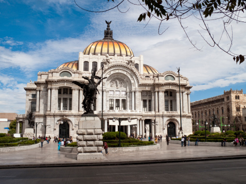 Mexico City, Mexico - September 3, 2020: Picture of the Bellas Artes palace and its garderns with tourists around