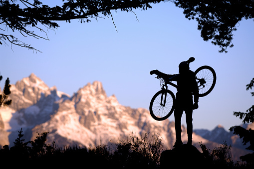 A silhouetted  mountain biker holds his bike and admires the view from a ridge during an early morning ride through the Grand Teton mountains.  The imaged is framed on all sides with foreground trees and the early morning sun on the Teton peaks in the background.