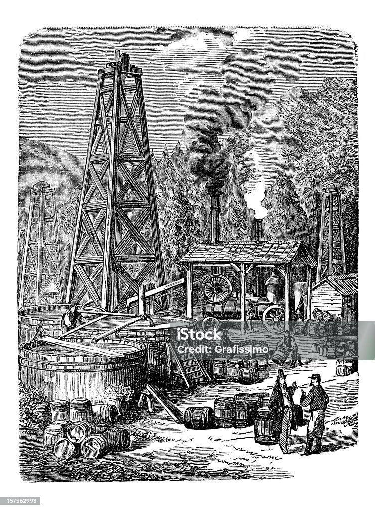 Grabado de plataforma petrolífera en Estados Unidos 1882 - Ilustración de stock de Historia libre de derechos