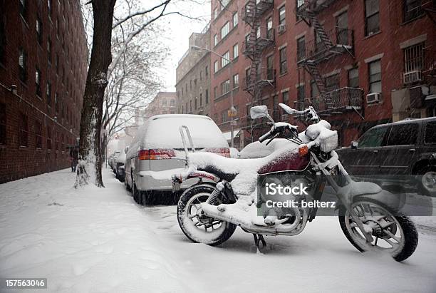 Snow Covered Nyc Street Stock Photo - Download Image Now - Motorcycle, Winter, Snow