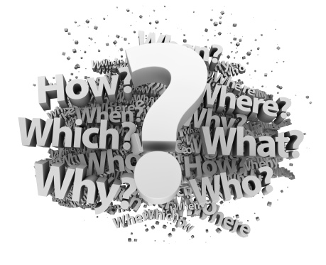 Lots of 3D question words gathering together. Big question mark on top.Questions like where?, what?, which?, why?, who?,how?, when?