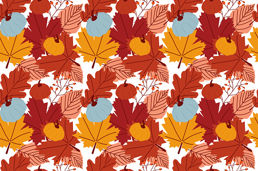 Happy Thanksgiving day concept. Festive seamless pattern with autumn leaves and pumpkins. Design for paper, scrapbooking and wallpaper. Flat trendy illustration