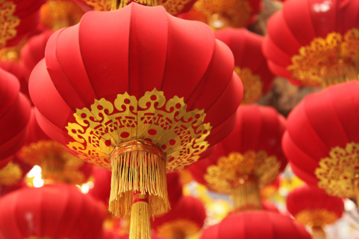 Chinese traditional illuminated dragon lantern at night town. Chinese lunar new year celebration decorations