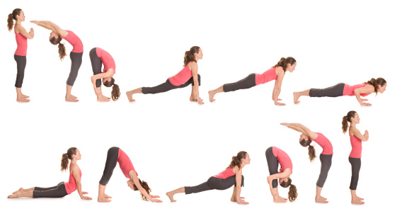 Step by step instructions to Sun Salutation. Pretty brunette woman doing yoga. Isolated. Panoramic image. 