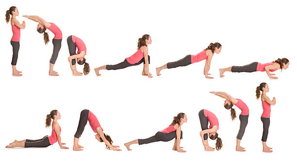 Step-by-step illustration of the sun salutation yoga pose Step by step instructions to Sun Salutation. Pretty brunette woman doing yoga. Isolated. Panoramic image.  posture photos stock pictures, royalty-free photos & images
