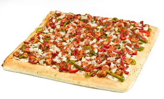 Square Giant barbecued chicken,mozzarella, onions, green and red peppers pizza on white background