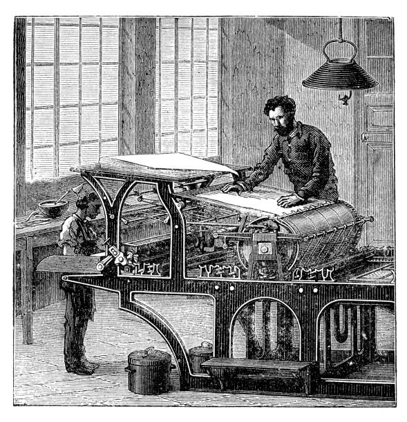 彫り込みの男性と子供を押して印刷 1882 - 産業革命点のイラスト素材／クリップアート素材／マンガ素材／アイコン素材