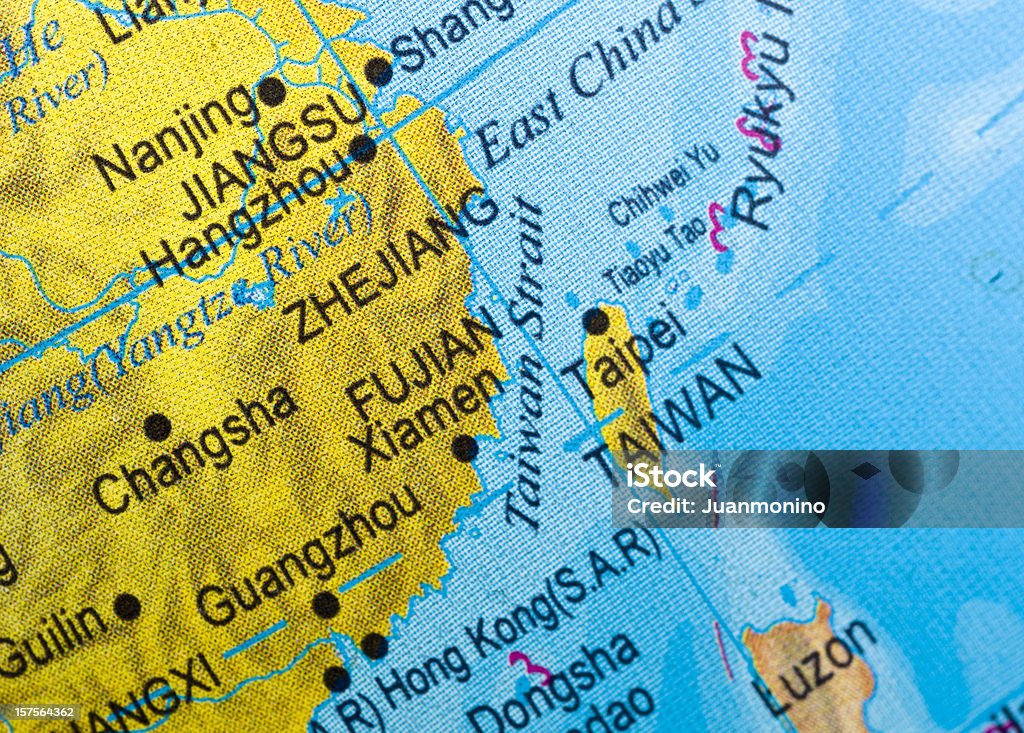 Close up of a map of The Taiwan Strait. Taiwan strait map close up in an small world globe (this picture has been shot with a High Definition Hasselblad H3D II 31 megapixels camera and 120 mm f4H Hasselblad macro lens) Taiwan Stock Photo