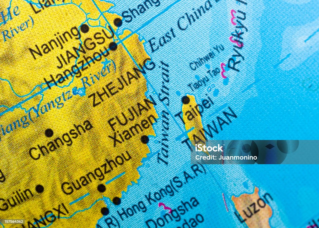 Close up of a map of The Taiwan Strait. Taiwan strait map close up in an small world globe (this picture has been shot with a High Definition Hasselblad H3D II 31 megapixels camera and 120 mm f4H Hasselblad macro lens) Taiwan Stock Photo