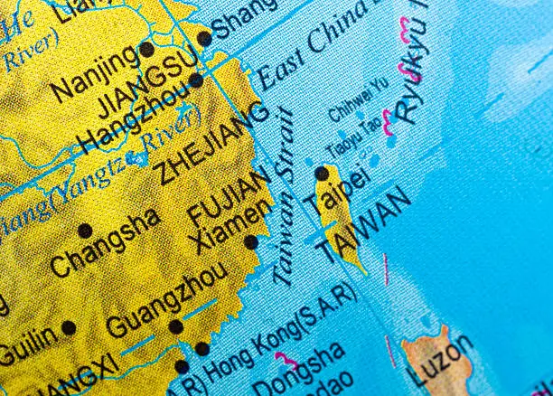 Taiwan strait map close up  in an small world globe (this picture has been shot with a High Definition Hasselblad H3D II 31 megapixels camera and 120 mm f4H Hasselblad macro lens)