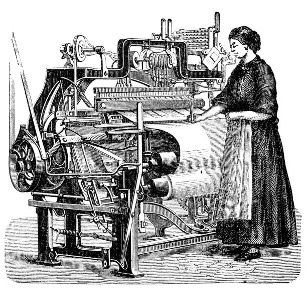 grawerunek kobieta weaving ściereczką na mocy krosno 1882 - textile industry loom machine textile stock illustrations