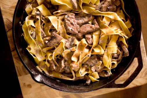 overhead shot of beef stroganoff in a large cast iron skillet