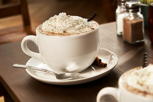 A hot, soothing drink with whipped cream, cinnamon and a chocolate.