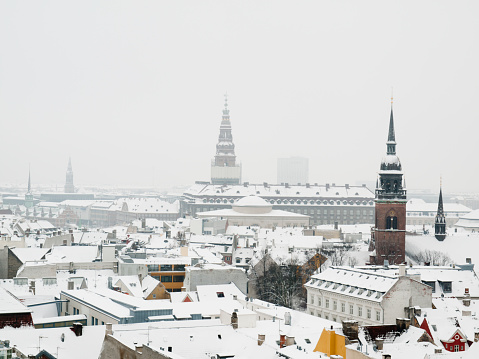 Copenhagen viewed from Round Tower a winter day. Christiandborg Palace, the parliament, is seen in the background.
