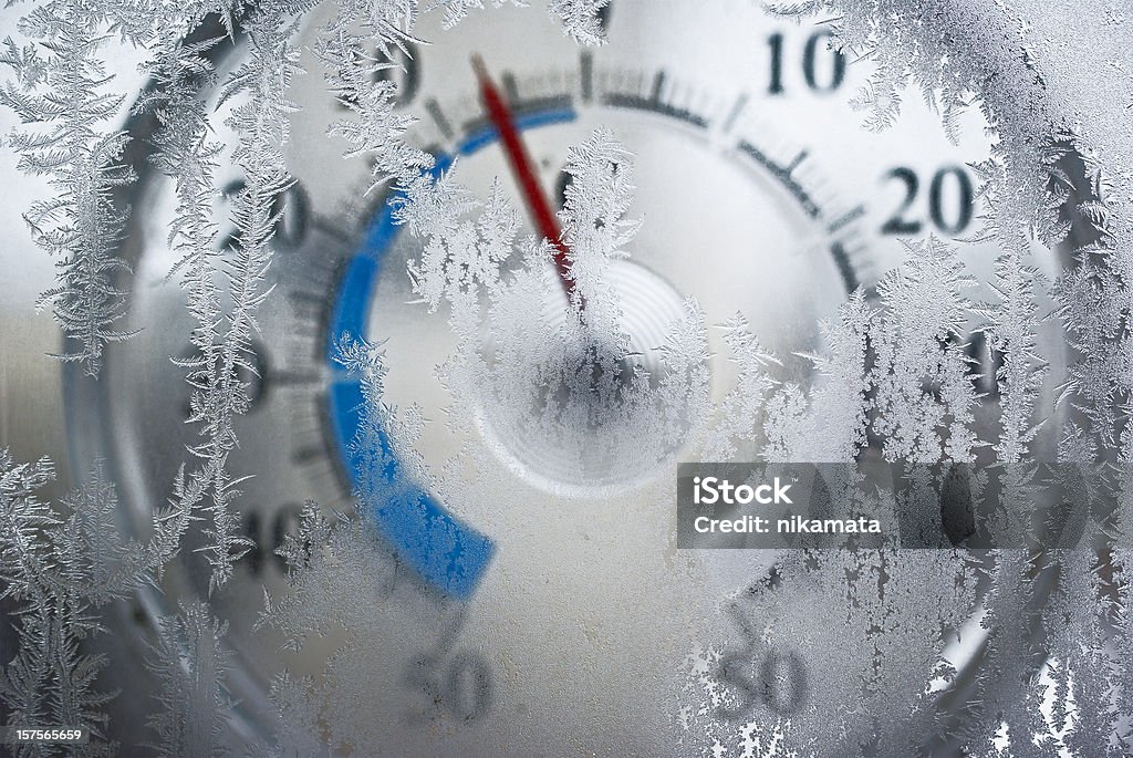 thermometer behind the frozen window Thermometer for icy window shows the temperature of - 6 degrees Celsius. Red arrow on a blue field. The image is slightly blurry. Frost on the window in focus. Cold Temperature Stock Photo