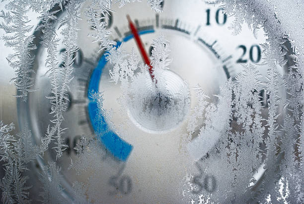 thermometer behind the frozen window Thermometer for icy window shows the temperature of - 6 degrees Celsius. Red arrow on a blue field. The image is slightly blurry. Frost on the window in focus. weather stock pictures, royalty-free photos & images