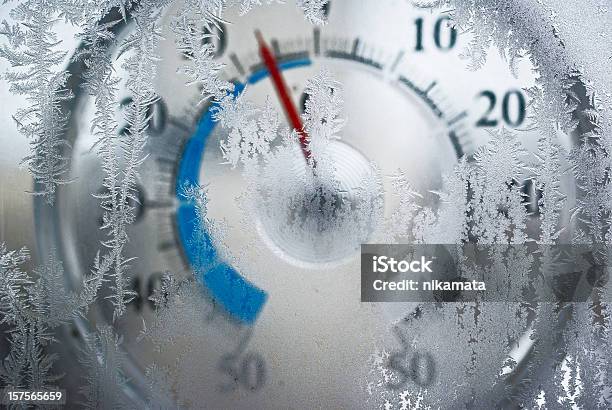 Thermometer Behind The Frozen Window Stock Photo - Download Image Now - Cold Temperature, Weather, Thermometer