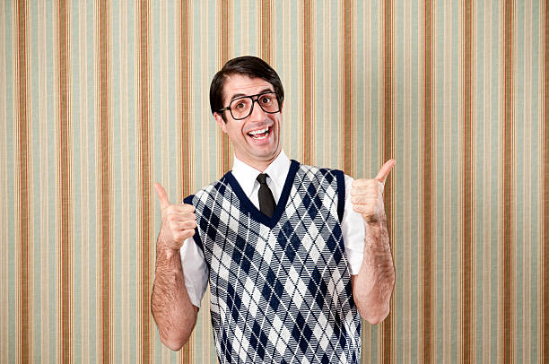 istock Nerd In Retro Vest With Thumbs Up 157567375