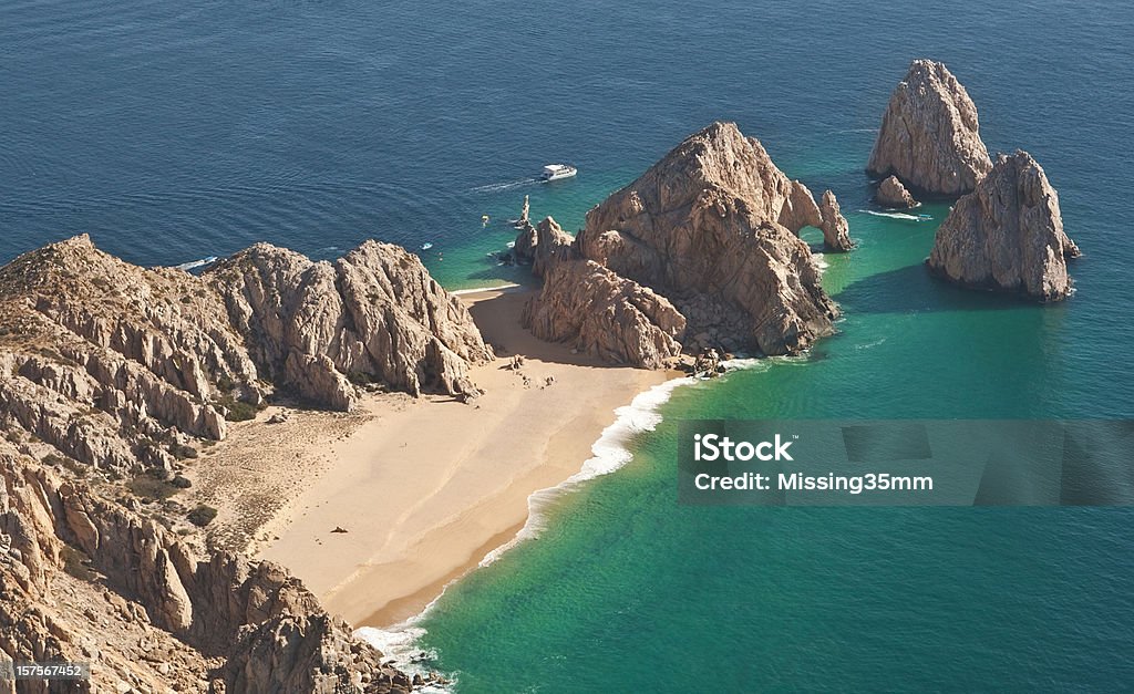 El Arco and Lover's Beach Aerial View Where the Pacific and the Sea of Cortez meet is the famous arch and Land's End.  Cabo San Lucas, Baja, Mexico. Lover's & Divorce Beaches visible.  Shot from ultralight aircraft. Cabo San Lucas Stock Photo