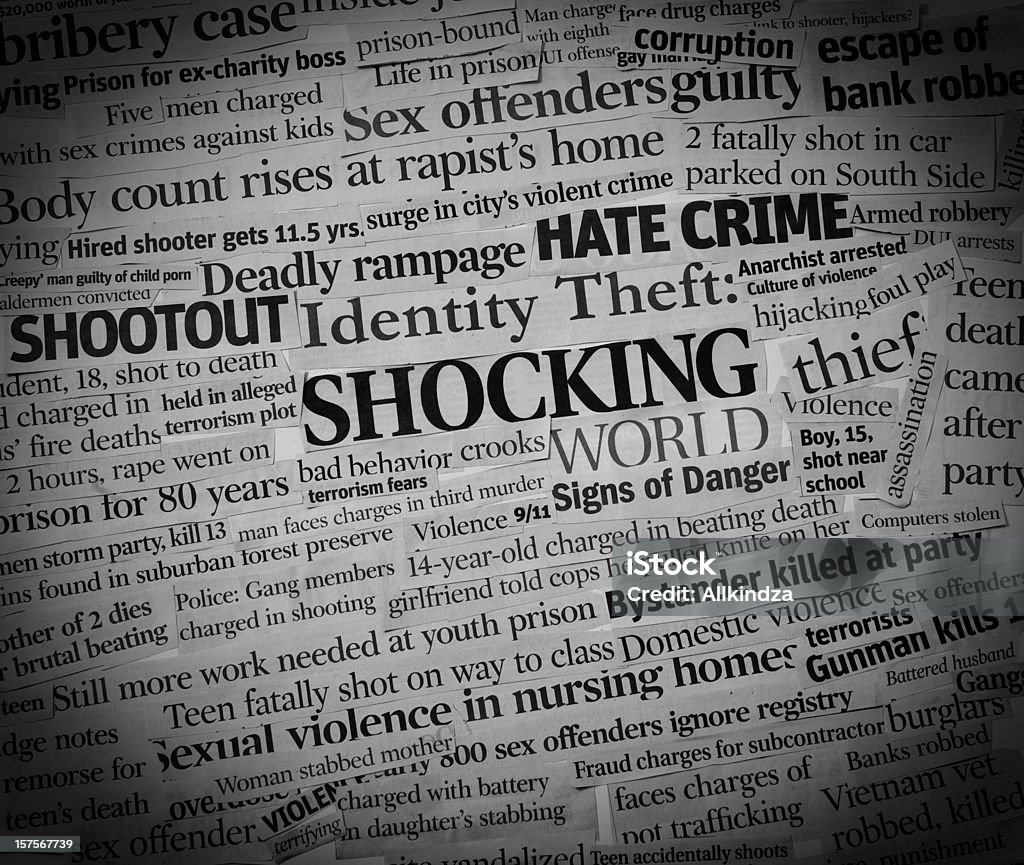 Shocking World headlines A collage, black and white with vignette made up of headlines from US newspapers. Newspaper Stock Photo