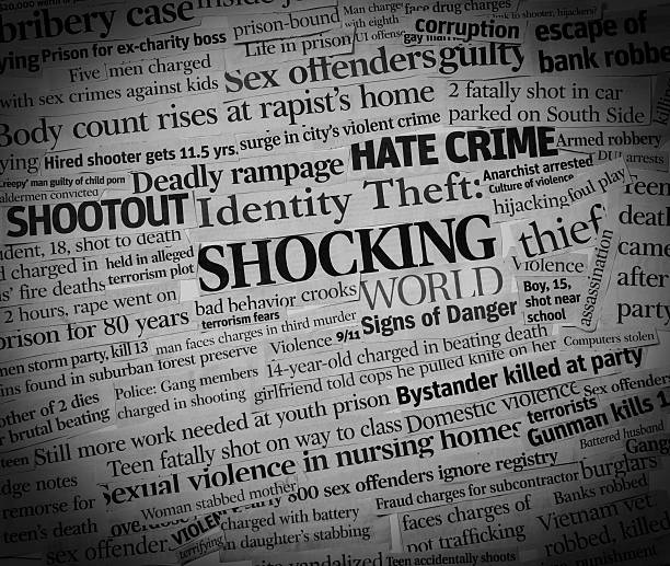 Shocking World headlines A collage, black and white with vignette made up of headlines from US newspapers. gunman photos stock pictures, royalty-free photos & images