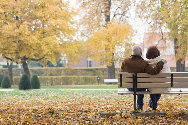 Rear view of senior couple on park bench in autumn stock photo