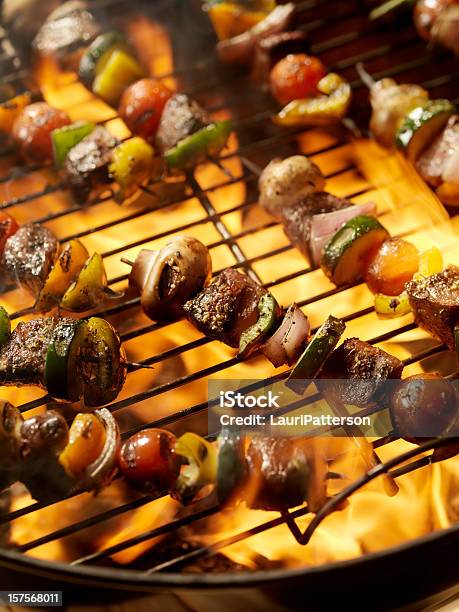 Beef And Vegetable Kabobs On A Charcoal Bbq Stock Photo - Download Image Now - Barbecue - Meal, Barbecue Grill, Yard - Grounds