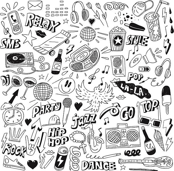 Music party - doodles collection music party icons in sketch style headphones illustrations stock illustrations