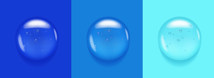 Transparent serum swatch on aqua blue background. Essential glycerin cream toner concept. Oily moisture smear puddle. Round wash fuid microscope realistic blob