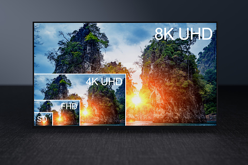 Visual comparison between different TV resolution sizes. TV resolution proportional size comparison, 8K ultra HD, 4K, Full HD and Standard definition. video resolutions visual comparison