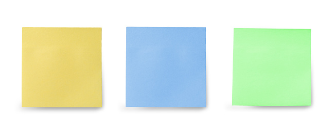 three blank sticky notes isolated on white background. Discussing business, teamwork, brainstorming concept. Set of multicolored sticky notes paper copy space collection isolated on white