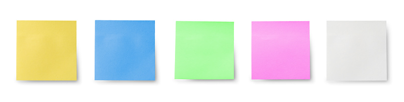 five blank sticky notes isolated on white background. Discussing business, teamwork, brainstorming concept. Set of multicolored sticky notes paper copy space collection isolated on white