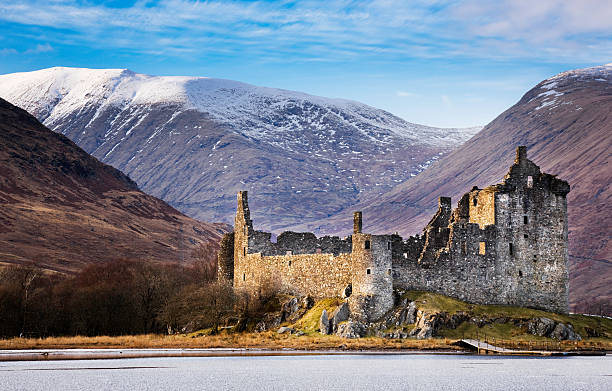 Kilchurn Castle, Loch Awe Looking across frozen Loch Awe to Kilchurn Castle on a winter's evening. argyll and bute stock pictures, royalty-free photos & images
