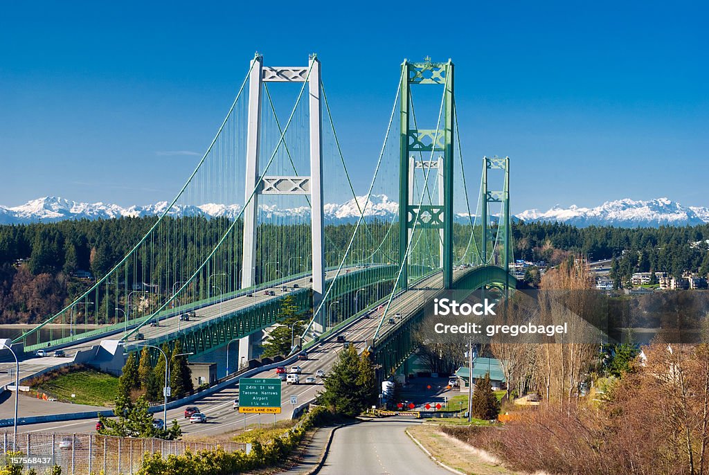 Tacoma Narrows Bridge in Washington state The Tacoma Narrows Bridge in Washington state linking the city of Tacoma with Gig Harbor of the Kitsap Peninsula, with the Olympic Mountain range in the distance. Tacoma Stock Photo