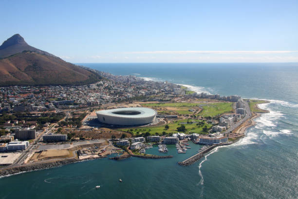 Cape Town Stadium Aerial view Flying over the new Cape Town Stadium at Green point close to the Victoria & Alfred Waterfront. 2010 stock pictures, royalty-free photos & images