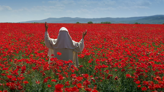 A nun in white praying in the field of vibrant red poppy flowers.