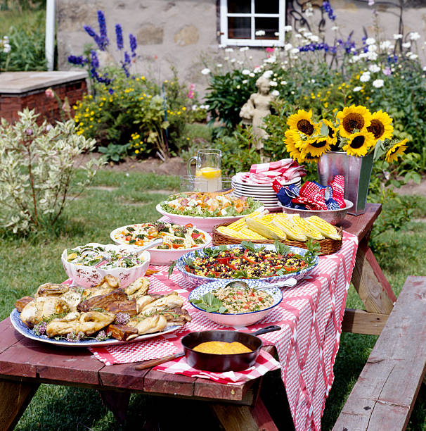 Picnic Buffet Table outdoors stock photo