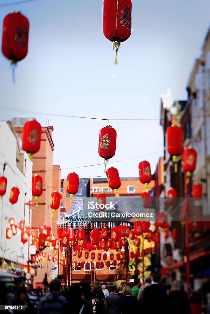 China Town Chinese New Year Taken with a tilt shift lens with shallow dof, focus on lantern. Chinese New Year decorations in London's busy China Town. London - England Stock Photo