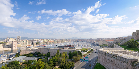Panoramic photograph of Marseille's historic old port and city centre in Provence, France. 