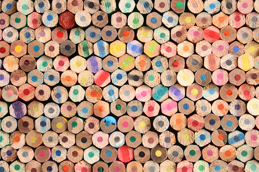 Top view of lots of multicolored pencils