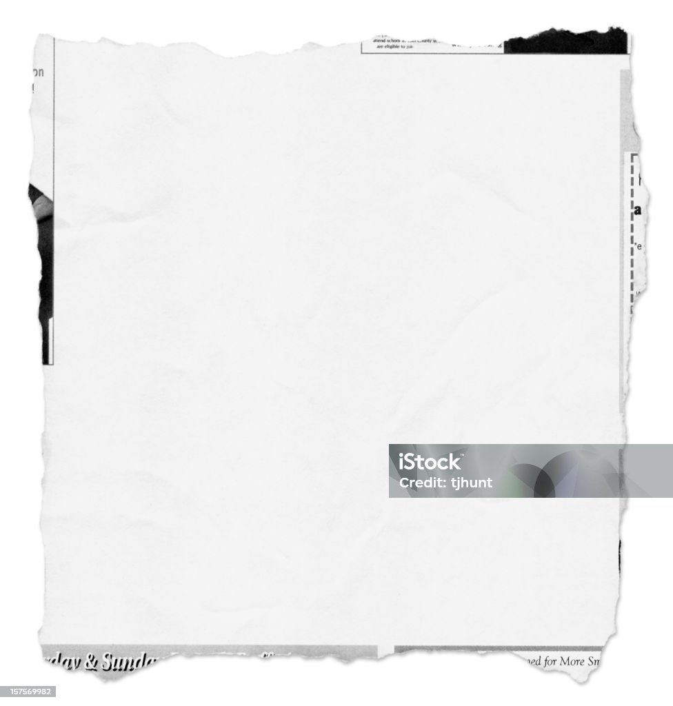 Square-shaped newspaper scrap With drop shadow and clipping path, on white. Newspaper Stock Photo