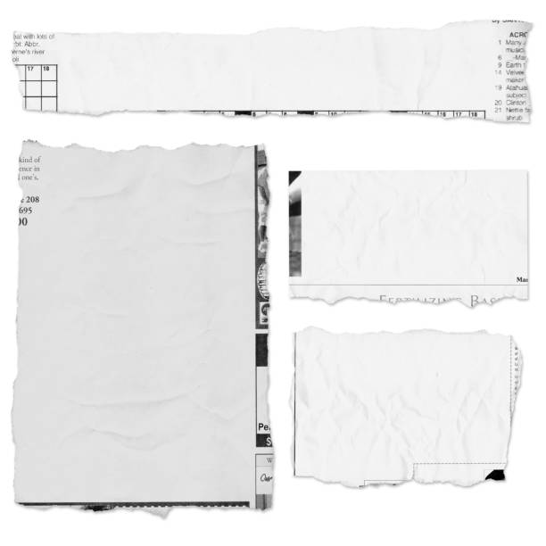 four pieces of a torn newspaper page on white background - onderdeel van fotos stockfoto's en -beelden