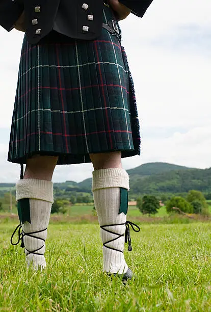 A scotsman in a formal dress kilt outfit facing the Perthshire countryside.